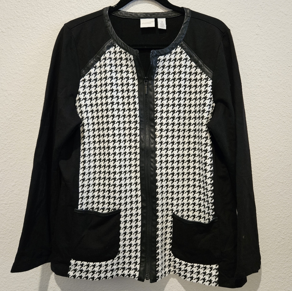 Weekend's by Chico's Faux Leather  Houndstoth Cotton Zip-Up Jacket Blazer Size L
